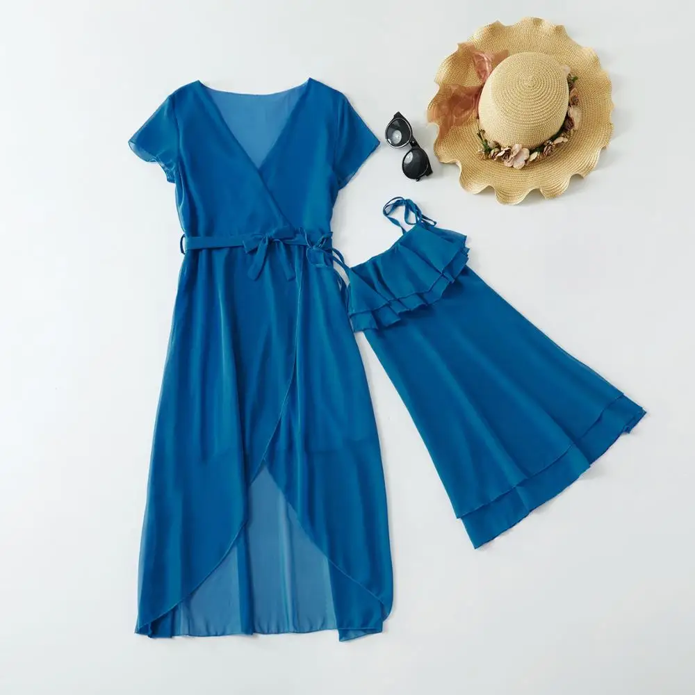 

Mother Daugther Dresses Summer Mom And Me Bule Color Dress Family Look Matching Outfits Clothes Cute Lovely Mum Sister Baby Girl