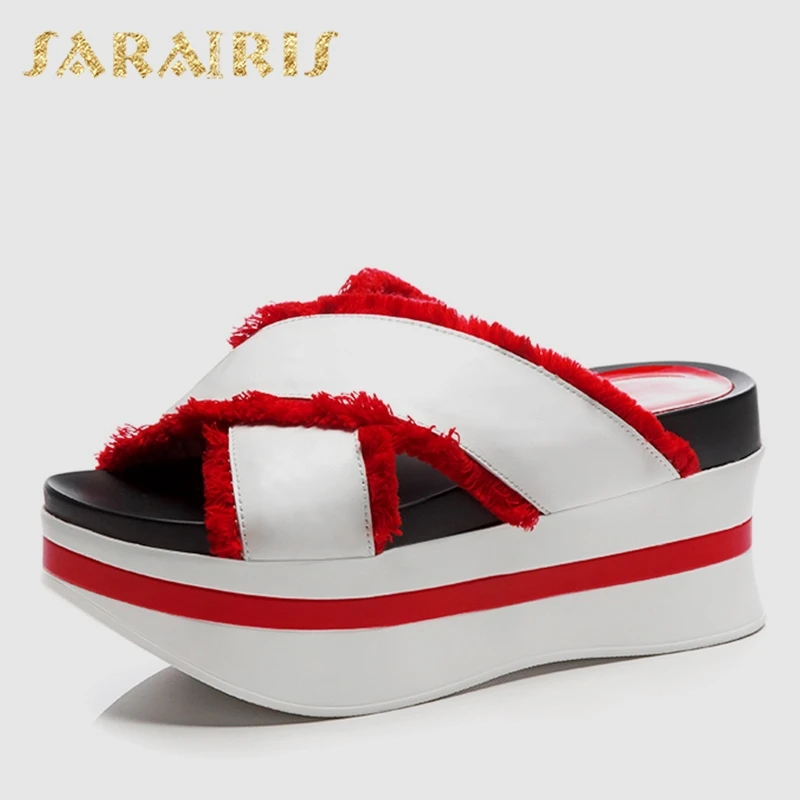 

Sarairis 2019 New Ins Hot Brand Summer Slippers Women Genuine Leather Ladies Summer Women High Shoes Beach Wedges Shoes Woman