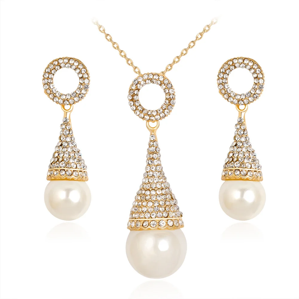 Bridal Pearl Jewelry Sets For Women Luxury Brand Jewelry Gold Color Full Rhinestone Crystal