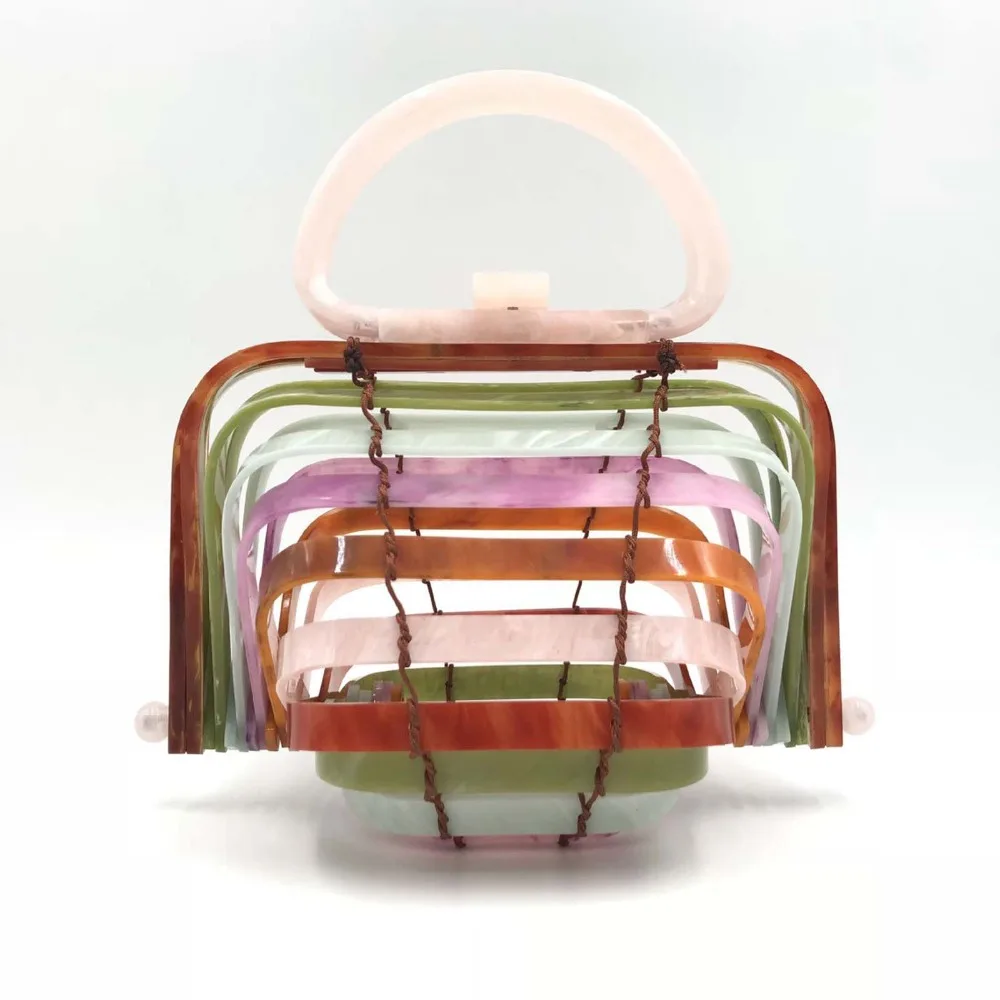 

Foldable acrylic bag bamboo bag hollow out plastic bags plastic basket beach bag