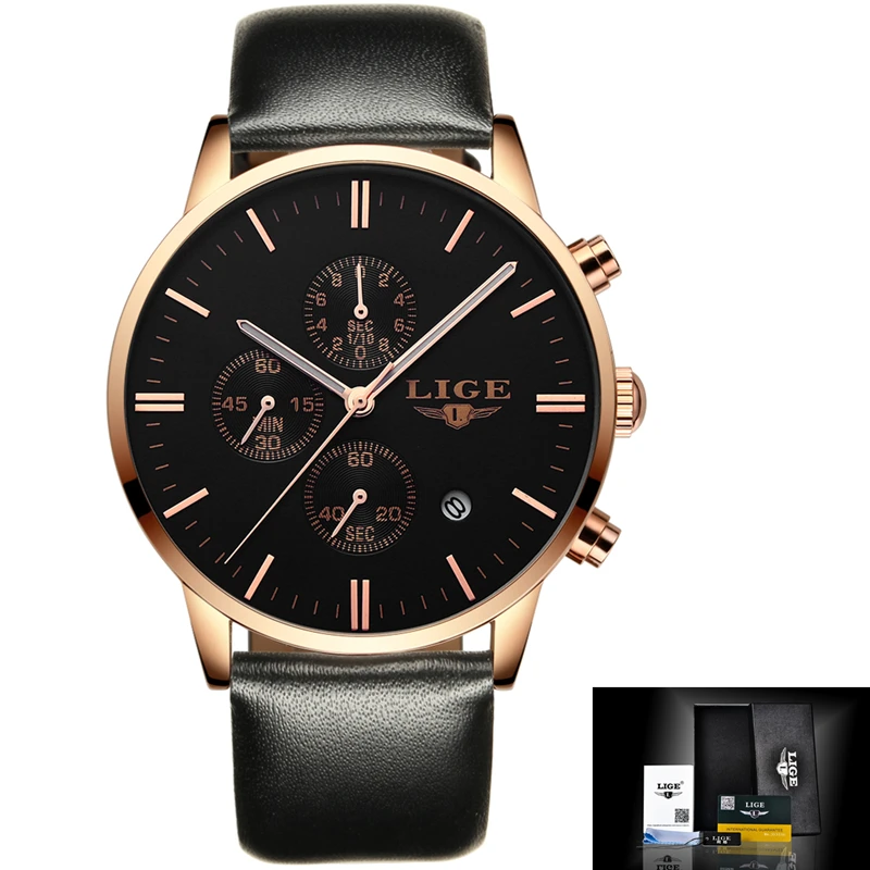 

LIGE Men Watches Luxury Brand Multi Function Mens Sport Quartz Watch Man Waterproof leather Business Clock Male Wristwatch