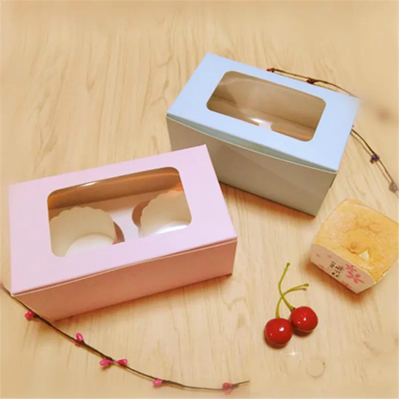 50pcs 2 Cavity Pink/Blue Cupcake Box Food Packaging Cardboard Paper Gift Cake Box With PVC