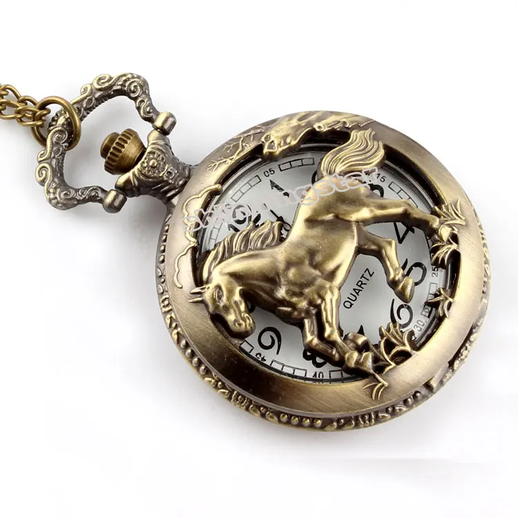 Винтажные бронзовые Очаровательные Полые лошади кварцевые карманные часы с цепочкой кулоны-часы для женщин мужчин подарки животный узор