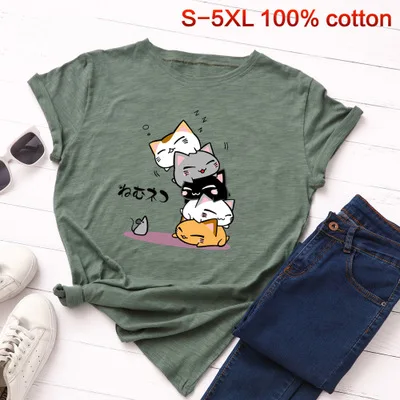 S-5XL, новинка, принт с милой кошкой, женская футболка, хлопок, круглый вырез, короткий рукав, летняя маленькая футболка с крысами, топы, повседневные, плюс футболки - Цвет: green