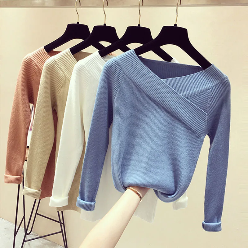 Autumn Winter Sweater Women Sexy V Neck Off Shoulder Long Sleeve Jumper Cashmere Solid Pullover Knitted 2018 | Женская одежда