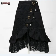 Для женщин стимпанк Высокая Талия юбки Готический викторианской Черный цветочные кружева юбка Средневековый Ренессанс Асимметричные Юбки Плюс Размеры
