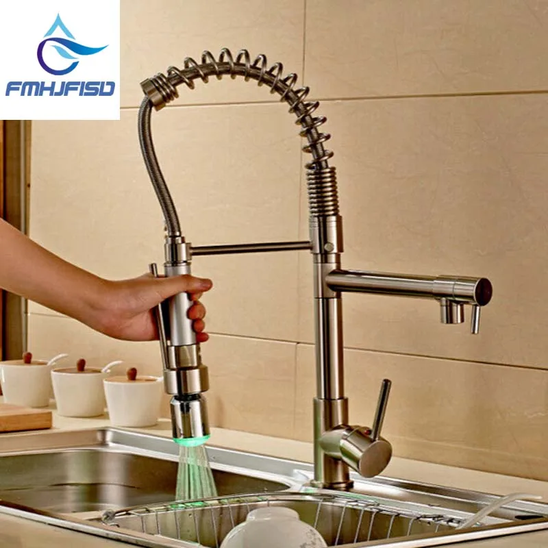 NEW Luxury LED Colors Brushed Nickel Kitchen Sink Faucet Swivel Spout Mixer Tap