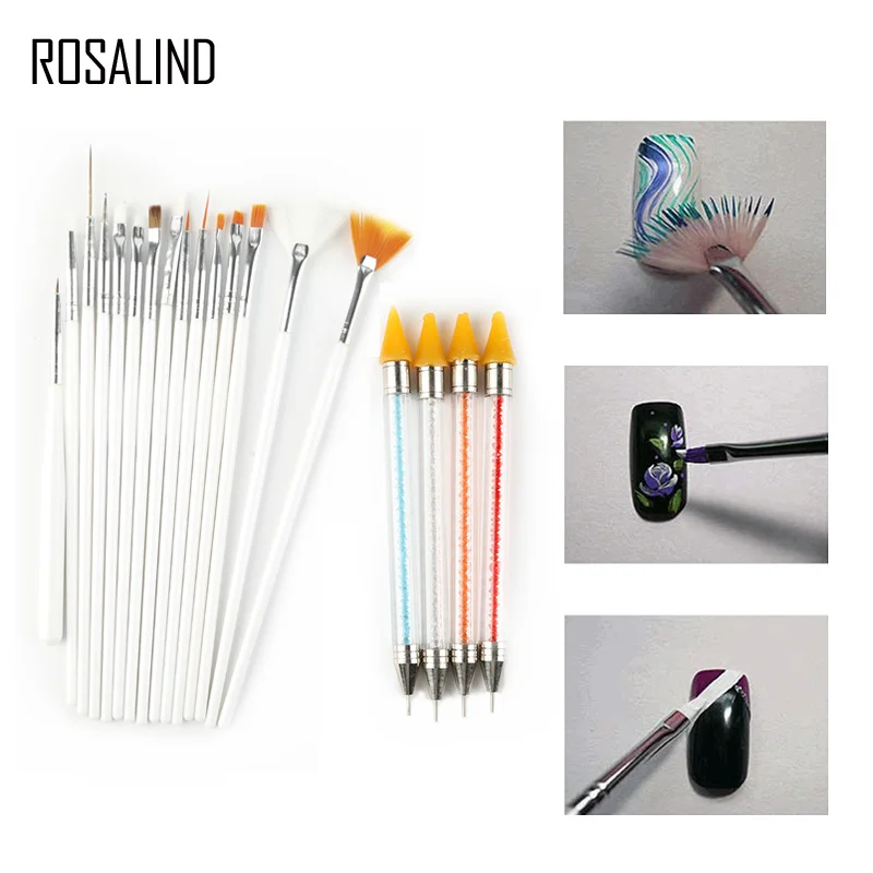 

ROSALIND 15 PCS Nail Art Brush+4PCS Rhinestone Pickup Point Drill Pen Nail Painting Pen Dotting Nail Tips set for manicure
