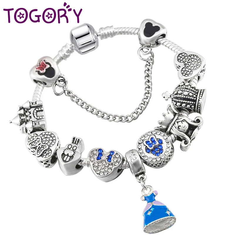 

TOGORY European Style Mickey Minnie Charm Bracelets Women With Fashion Blue Beads Brand Bracelets & Bangles DIY Jewelry Gift
