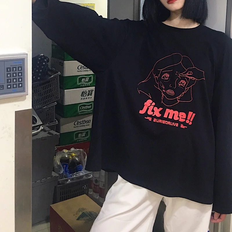 Футболка Femme 2020 осенняя одежда Корейский Ulzzang Harajuku забавная футболка с длинным