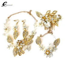 4 шт Свадебные Ювелирные наборы гребни для волос/ожерелья/серьги/браслеты свадебное украшение для волос оптом ювелирные изделия из жемчуга золотые украшения