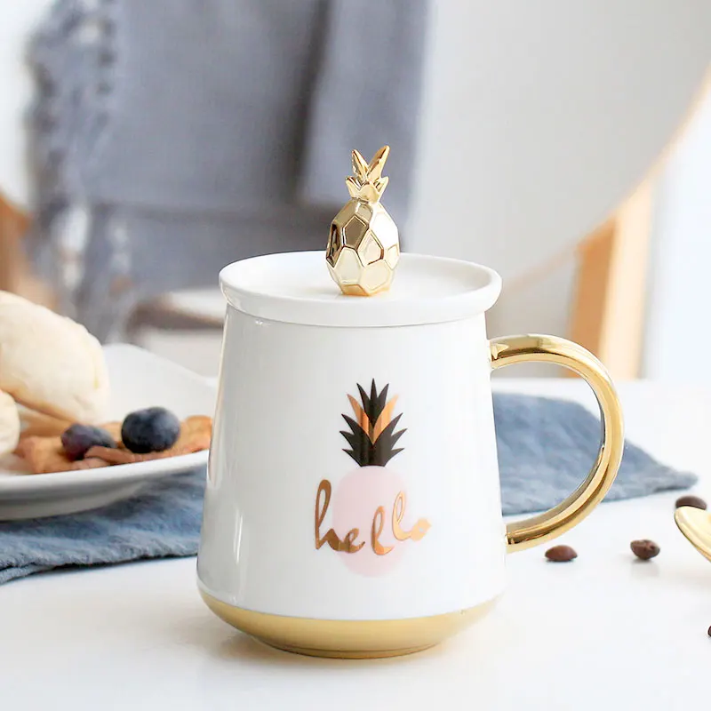 Персонализированная керамическая кружка для путешествий с золотой крышкой ананаса большая кружка для кофе и чая декоративная столовая посуда уникальный подарок для мамы и подруги
