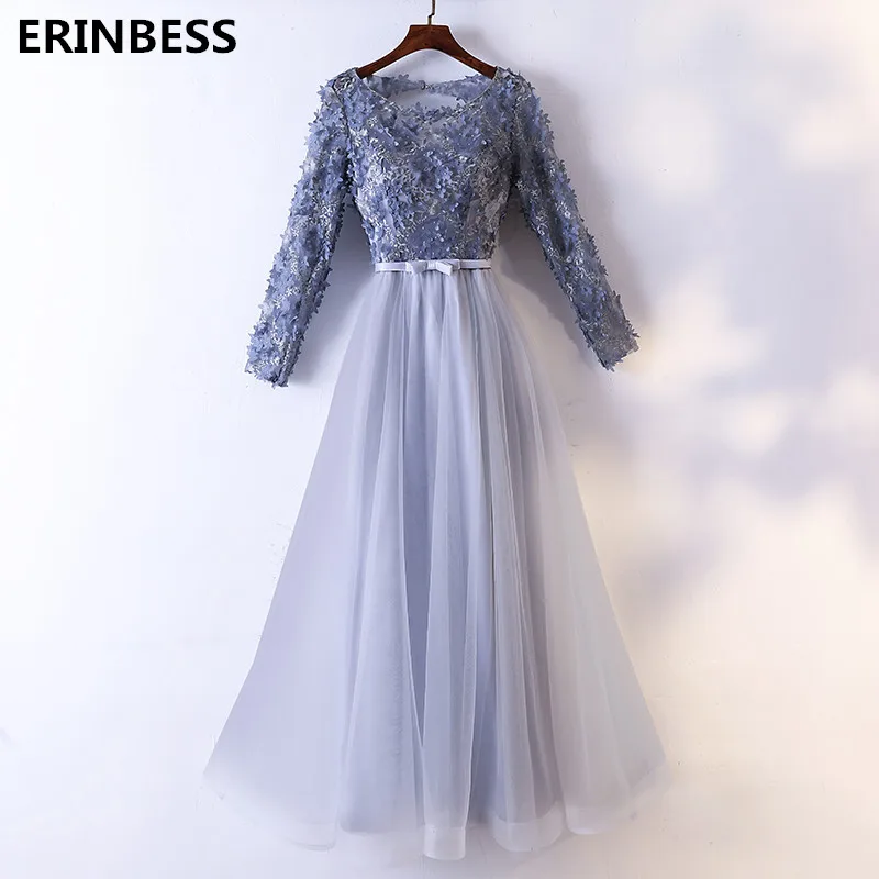 

A Live Silver Gray Evening Dress Long Sleeve Bow Sashes Prom Dresses Long Dress Elegant Evening Dresses 2019 Robe De Soiree