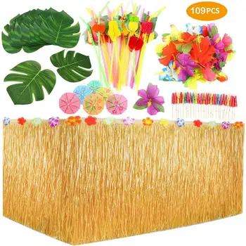 

109 Pieces Tropical Party Decoration Set with 9 Feet Hawaiian Table Skirt, Palm Leaves, Hawaiian Flowers, Multicolored Umbrellas