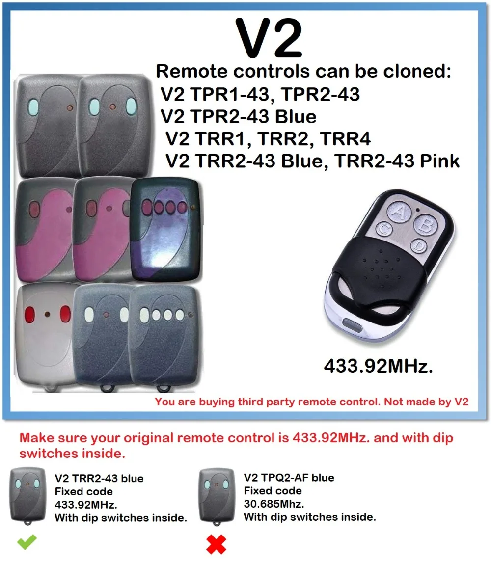

V2 TPR-43, TRR, TRR 43 Blue, Pink Remote Control Duplicator 4-Channel 433.92MHz. only for fixed code