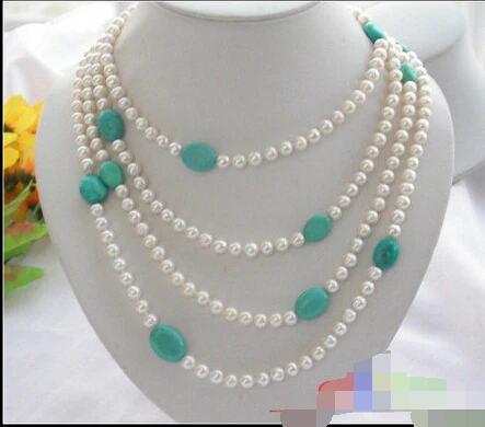 

Free shipping >>>>> p2422 70" 13MM white round PEARL ellipse turquoise NECKLACE