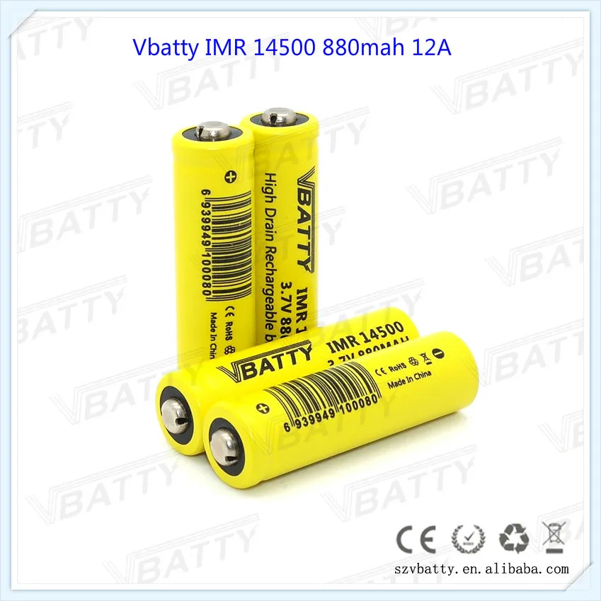 

Hight quality Vbatty IMR 14500 880mah 12A 3.7V rechargeable Li-mn battery with Button top (4 pc)
