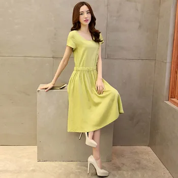 

Button Drawstring Summer Dress Cotton Linen A-Line O Neck Soft Dress Casual Short Sleeve Knee-Length Dress For Women Vestido