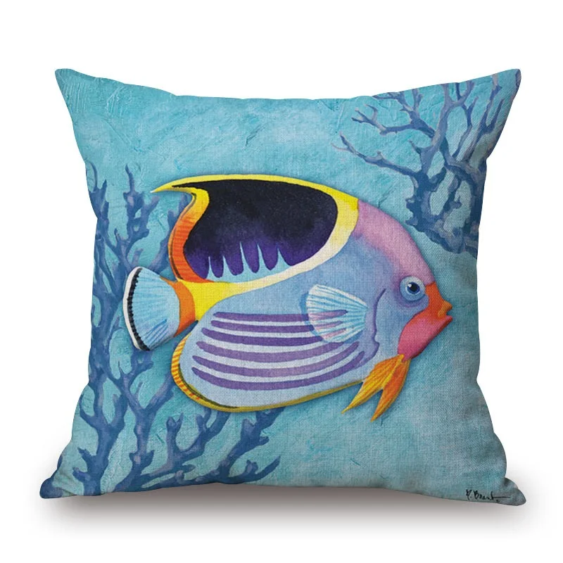 Ocean Fish Cushion Cover Watercolor Coral Pillow Case 45X45cm Thin