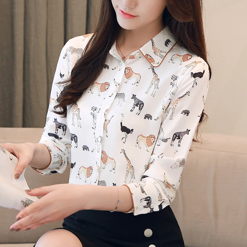 

Cute Animals Print Women Blouse New Shirt Top Turn-down Collar Long Sleeve Top S-XXL White Blouse blusas feminina T80291