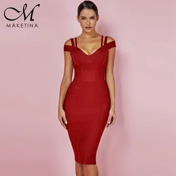 

Maketina 2019 New Arrivals Women Bodycon Summer Bandage Dress Knee Length Red Bandage Dresses Sexy Off Shoulder Bandage Dress