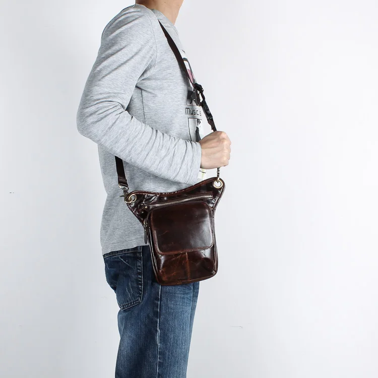 Soft Natural Leather Men Design Small Messenger Sling Bag Multifunction Fashion Fanny Waist Belt Pack Leg Drop Bag Pouch 211-1