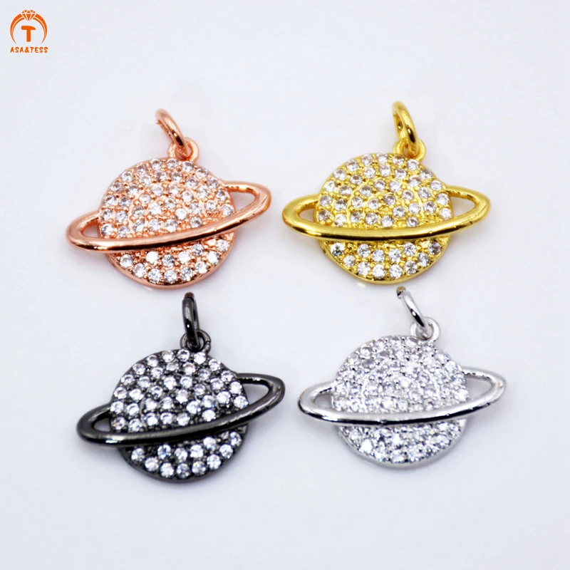 

Polish CZ Brass Saturn Planet Pendant Space Satellite Moon Star Earth Charm DIY Link Finding Making jewelry micro CZ paved