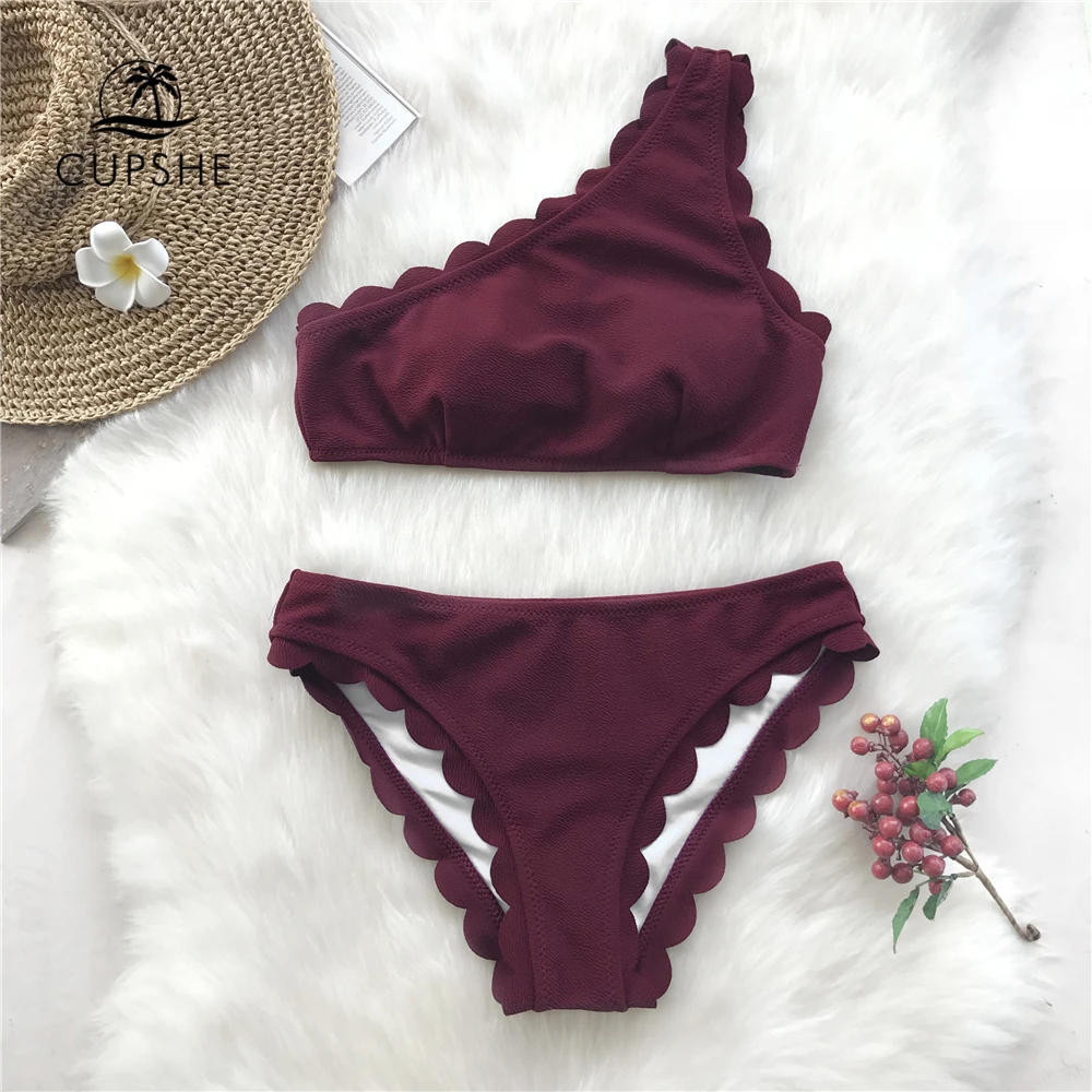 CUPSHE Burgundy Solid Tank Bikini Set Women Wavy Edge One shoulder Plain Swimwear 2018 Summer Sexy Girl Beach Slim Swimsuits CUPSHE Burgundy Solid Tank Bikini Set Women Wavy Edge One shoulder Plain Swimwear 2018 Summer Sexy Girl Beach Slim Swimsuits
