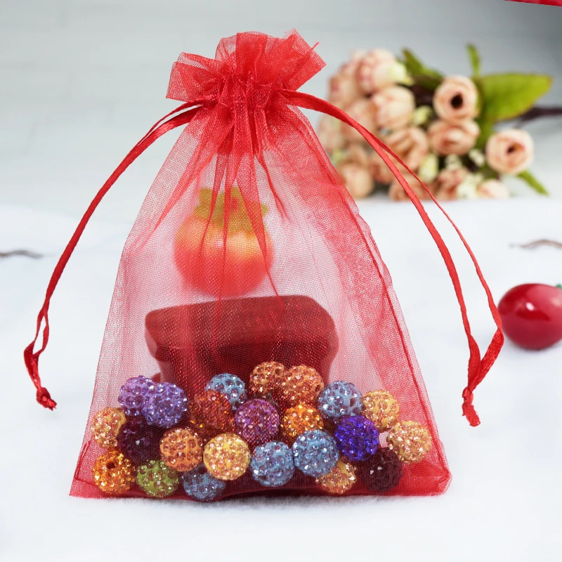 Cheaper 100pcs 7x9cm Drawable red color Small Organza Bags Wedding Christmas Gift Bag Jewelry