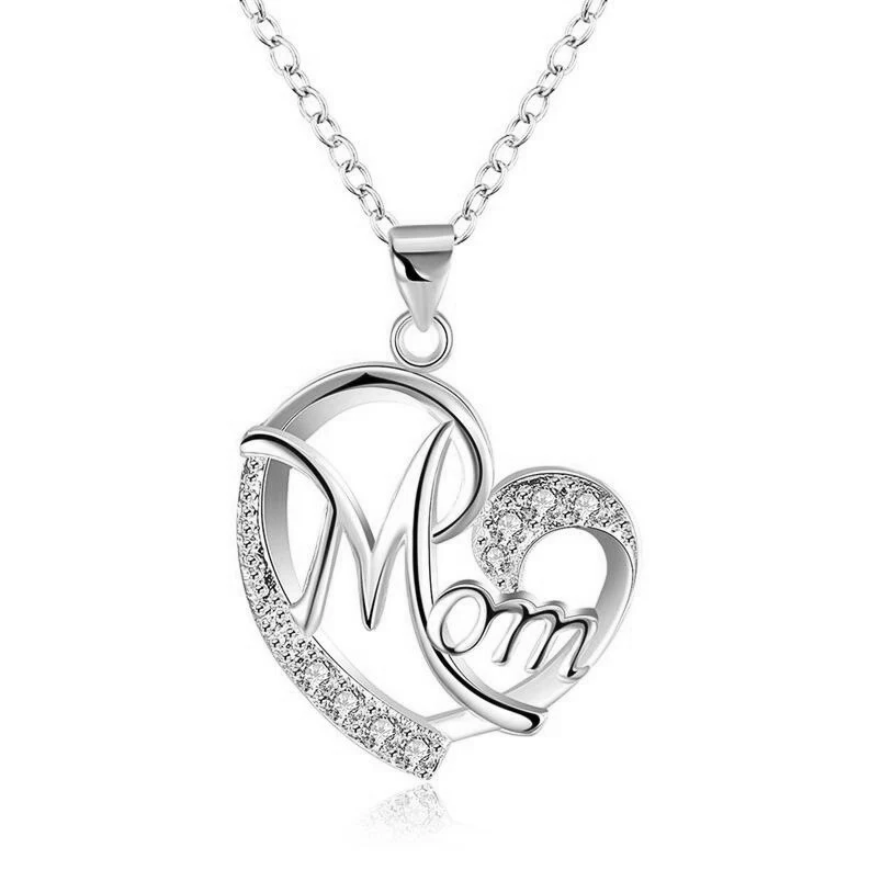 HUITAN, модное ожерелье с подвеской в форме сердца с надписью «мама», инкрустированное кристаллом, подарок на день матери, высокое качество, ювелирные изделия, опт, много оптом - Окраска металла: Full Silver Plated