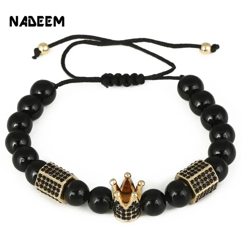 

NADEEM Newest Women Natural Black Onyx Stone Bead Men's Braiding Macrame Micro Pave CZ Imperial Crown & Hexagon Charm Bracelet