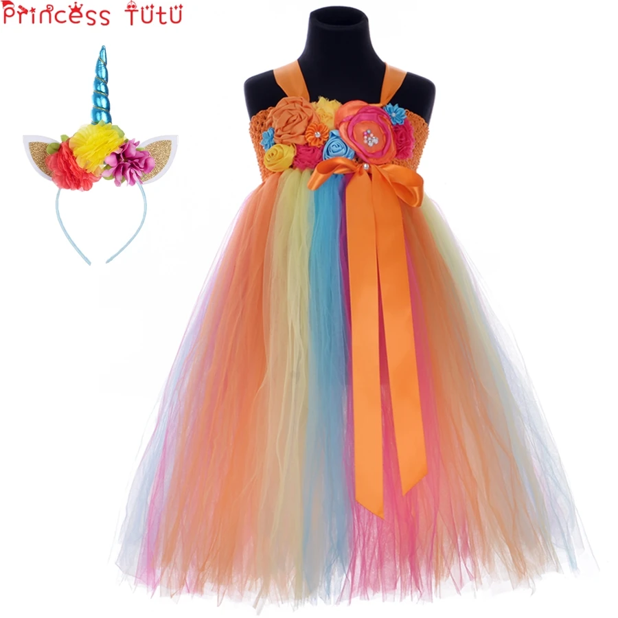 

Rainbow Unicorn Flower Girl Dress Colorful Mid-calf Bow Dress Birthday Party Performing Clothes With Unicorn Headband