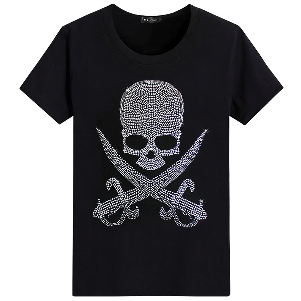 T003-O-Black Мужская Дизайнерская футболка, Мужская черная футболка с коротким рукавом, мужские хлопковые футболки, летние стразы, разноцветные блестящие футболки с черепом - Цвет: T003-O-Black