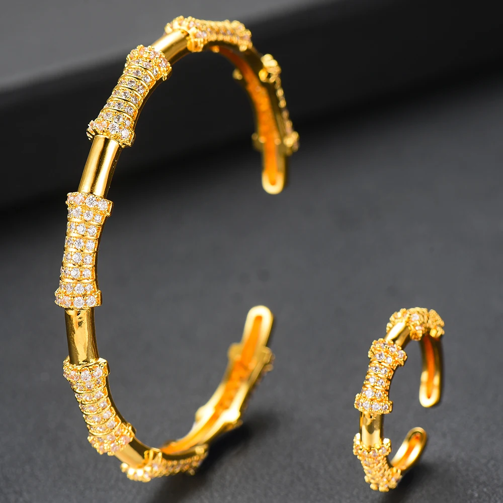 GODKI бамбуковый узел роскошный сверкающий Полный AAA кубический цирконий геометрический дизайн для женщин браслет и кольцо набор ювелирных изделий