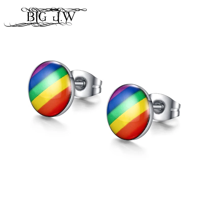 

BIG J.W Cute Round Earrings Unisex Stud Earrings LGBT Rainbow Jewelry Men's Earrings For Women Wholesale Party Jewelry