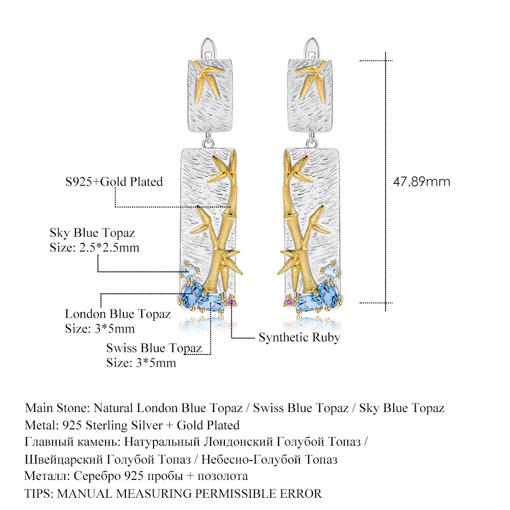 GEM'S балетные костюмы, натуральный голубой топаз, изысканные свадебные украшения, 925 пробы, серебро,, ручная работа, бамбуковые Висячие серьги для женщин