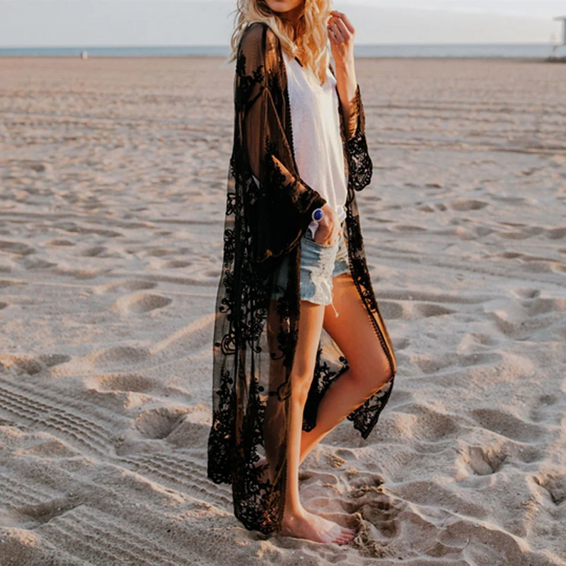 bathing suit wrap Women Beach Cover Up Beach Dress Chiffon Lace Kimono Cover Up Boho Casual Long Sleeve Cardigan Monokini Bathing Lace Dress bikini cover up dress