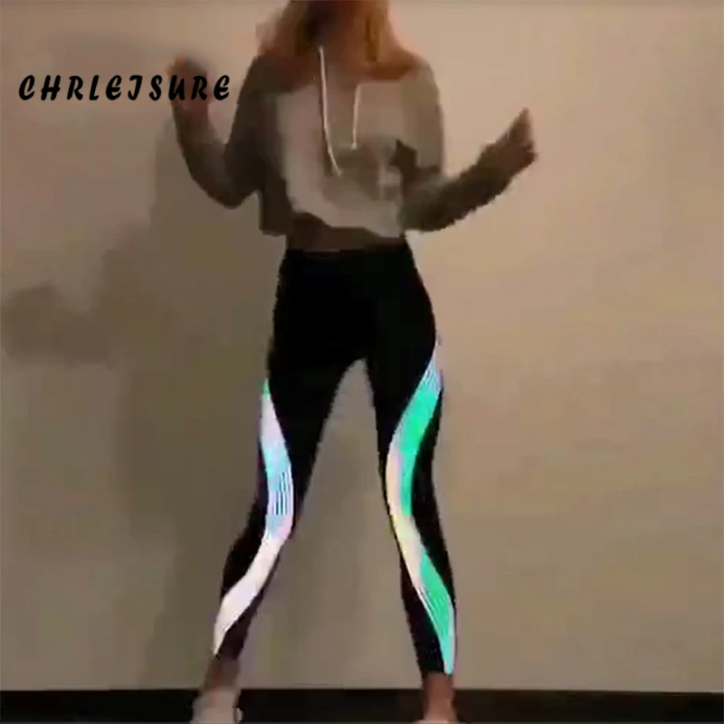 CHRLEISURE Black Leggings Women Fashion Polyester Ankle-Length Pants Glowing Stripe sexy Push Up Sportwear Girl Legging
