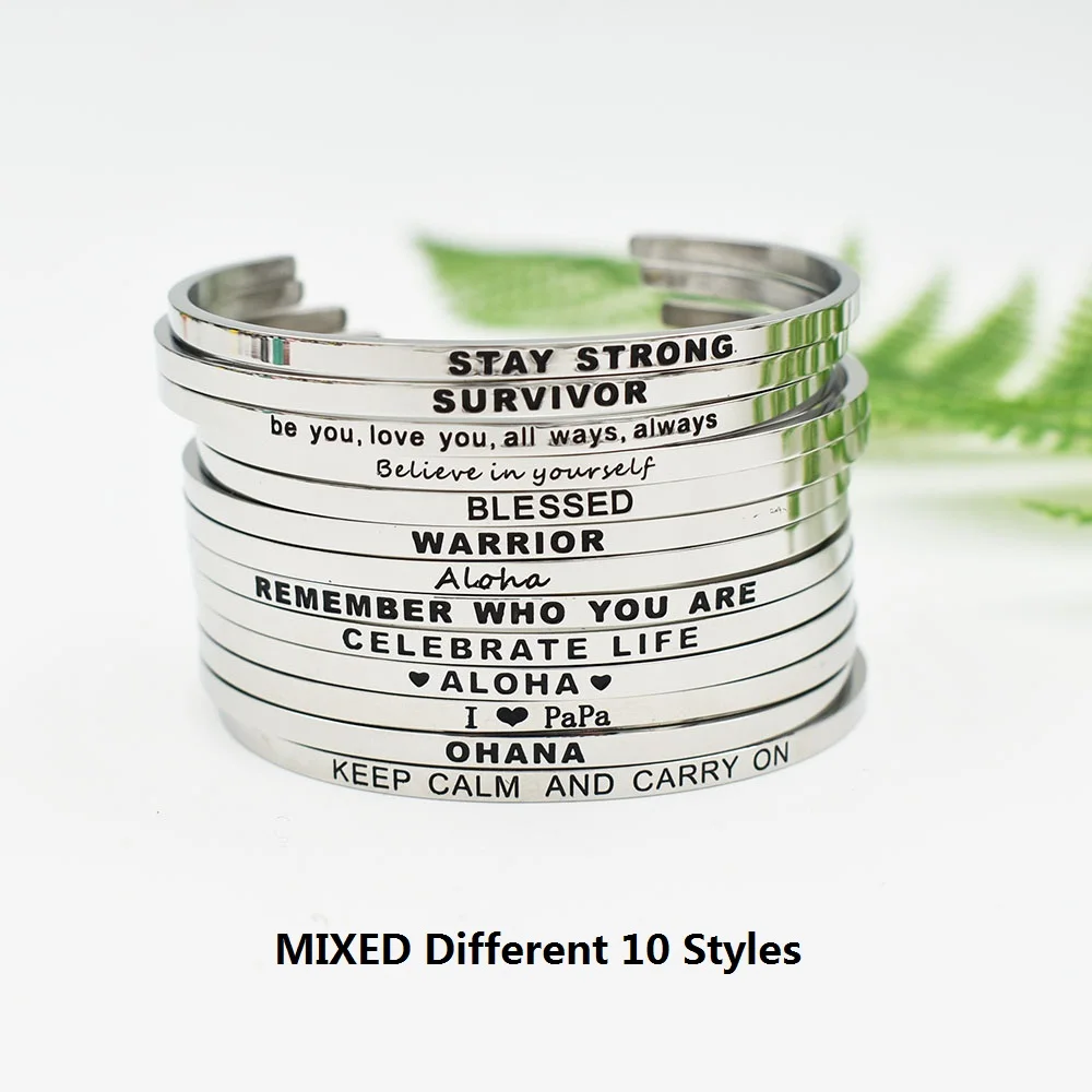 

10PCS Different Styles Mixed 3MM Stainless Steel Engraved Positive Inspirational Quote Bangle