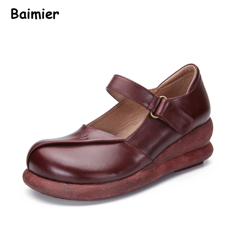 

Genuine Leather Shoes Women Flats Cow Leather Round Toes Handmade Comfortable Platform Retro Shoes Woman Loafers Oxford Shoes