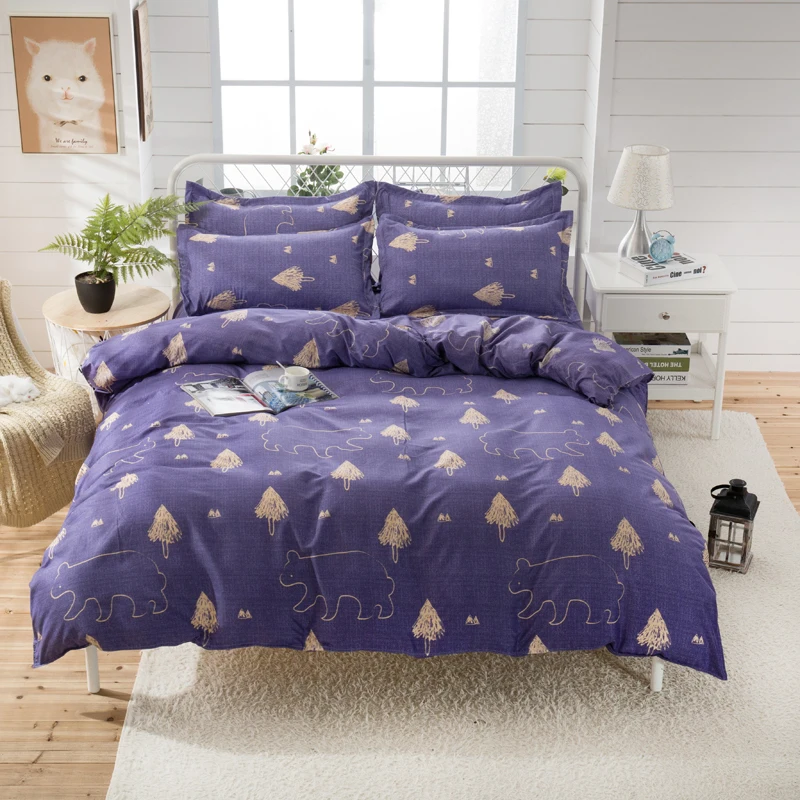 4pcs Bedding Set Polar Bear And Tree Print Duvet Cover Set Blue