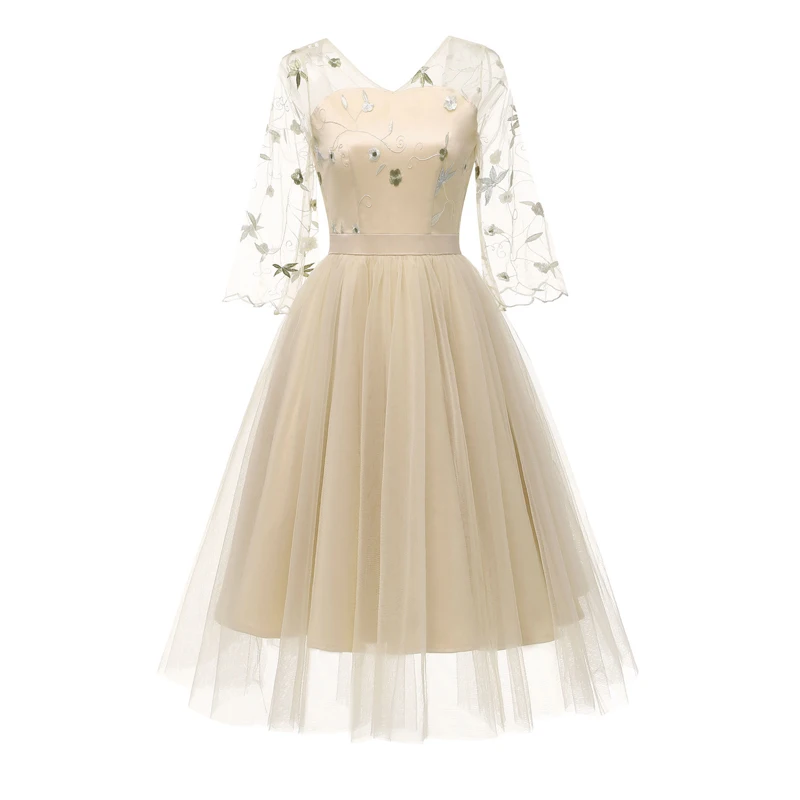 1901 apricot Toivotukasia женское кружевное платье большого размера с вышивкой, S-XXL шифон половинные рукава, бальное платье с высокой талией - Цвет: 1901 apricot