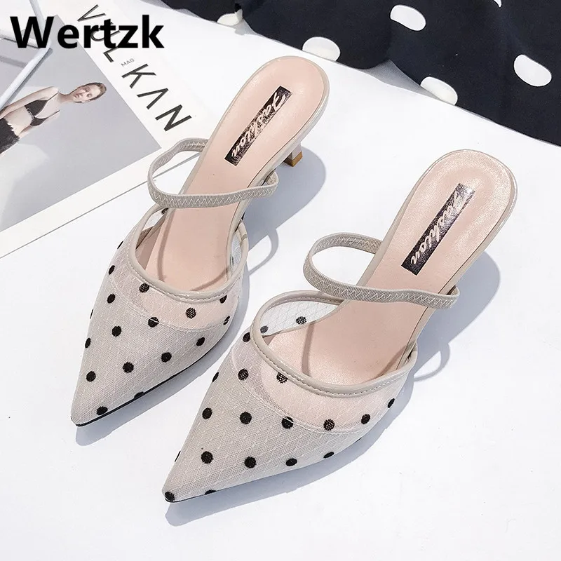 

2019 New Polka Dot High Heel Women Sandals Pointed Toe Lace Mules Sandals Shoes Vintage Geometry Heel Women Sandals E485