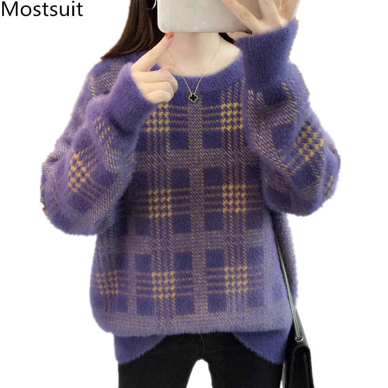 Норковый свитер женский плед зима осень норковые кашемировые пуловеры утолщенные модные повседневные с круглым вырезом Джемперы мягкие