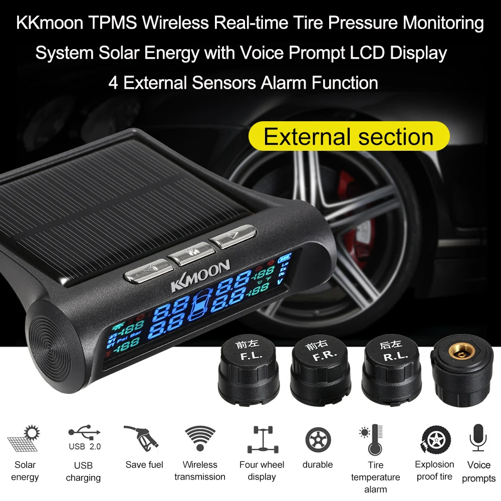 

KKmoon TPMS Wireless Real-time Tire Pressure Monitoring System with Voice Prompt LCD Display 4 Internal Sensors Alarm Function
