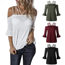New Women Summer Sexy top Sling Strapless Halter Trumpet Sleeve Solid Color Casual Pullover Loose Tops layered trumpet sleeve botanical top