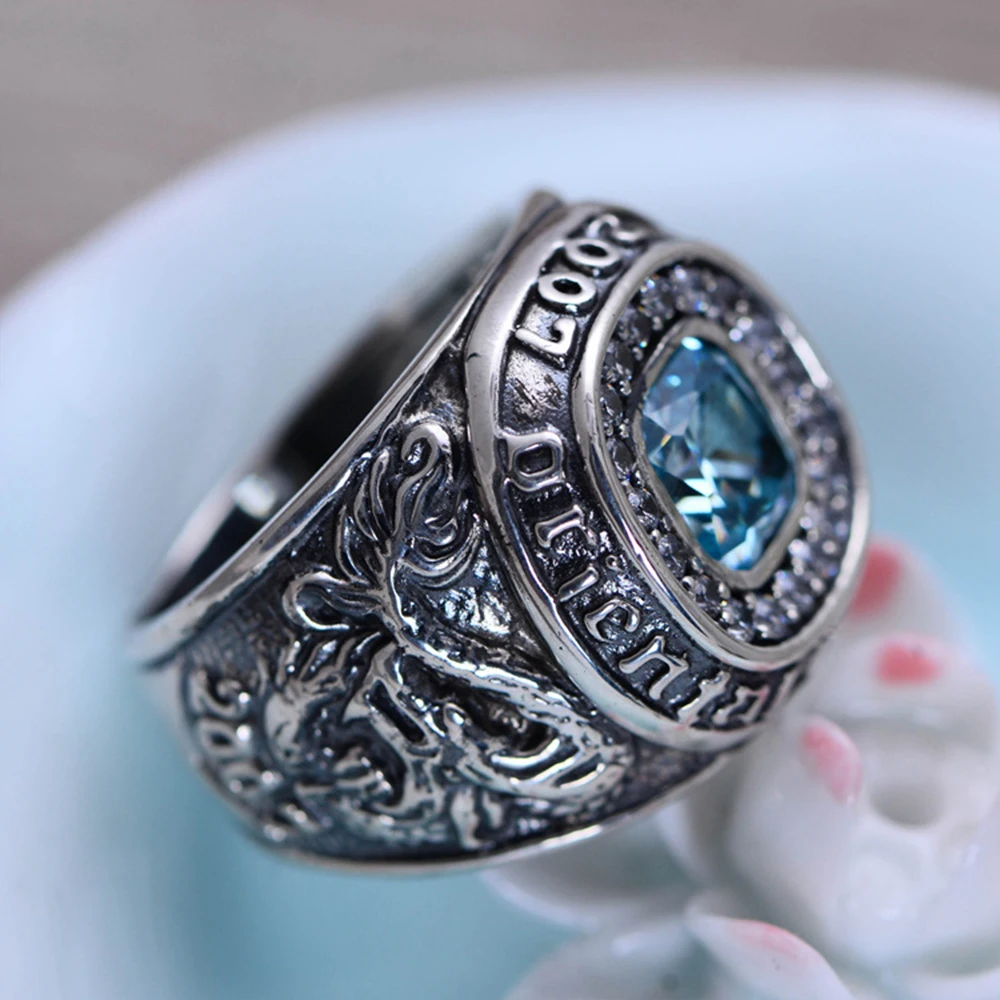 Кольцо MetJakt из серебра S925 пробы с голубым топазом и ручной резной драконом и тигром для мужчин, винтажное тайское серебряное ювелирное изделие