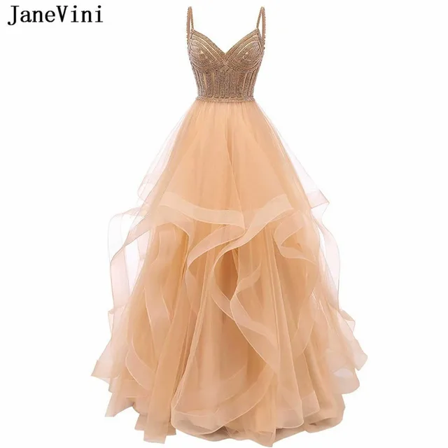 Special Price JaneVini Arabic Champagne A Line Ruffles Long Bridesmaid Dresses V Neck Heavy Sparkling Beaded Backless Luxury Tulle Prom Gowns Special Price JaneVini Arabic Champagne A Line Ruffles Long Bridesmaid Dresses V Neck Heavy Sparkling Beaded Backless Luxury Tulle Prom Gowns