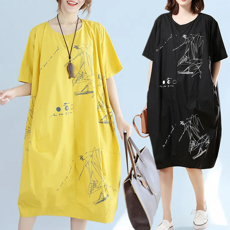 

BIG SIZE 5XL Summer Women Fashion Graffiti Print Cotton Dress Ladies Female Plus Large Long Slim Loose Oversize Robe Vestidos