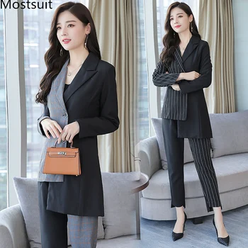 

Formal Office Two Piece Sets Suits Women Striped Plaid Coat And Pants Sets Spring Autumn Elegant Asymmetrical Women's Sets 2019